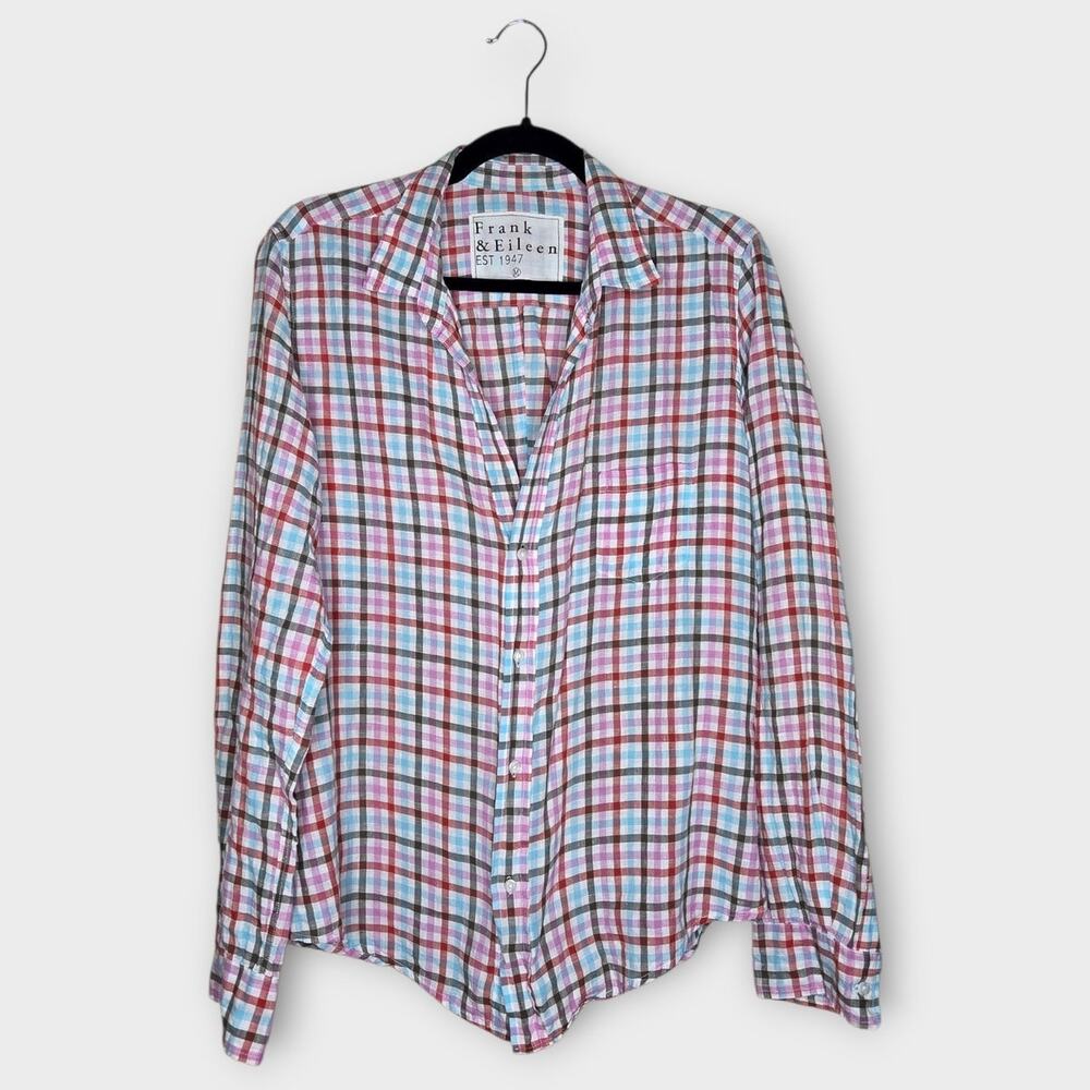 Frank & Eileen Womens Multicolor Plaid Blouse Linen Med Button Down Pink Blue